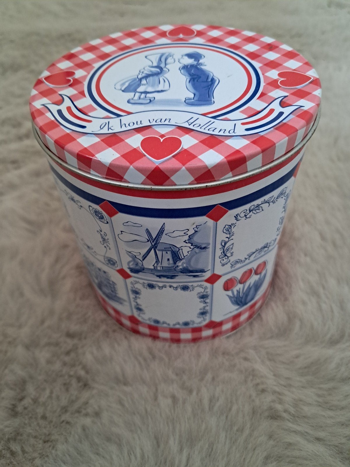 Hollandse Koektrommel - Delfts Blauw en Rood-Wit Geblokt, Ophalen of Verzenden, Voorraadpot, Metaal, Overige merken