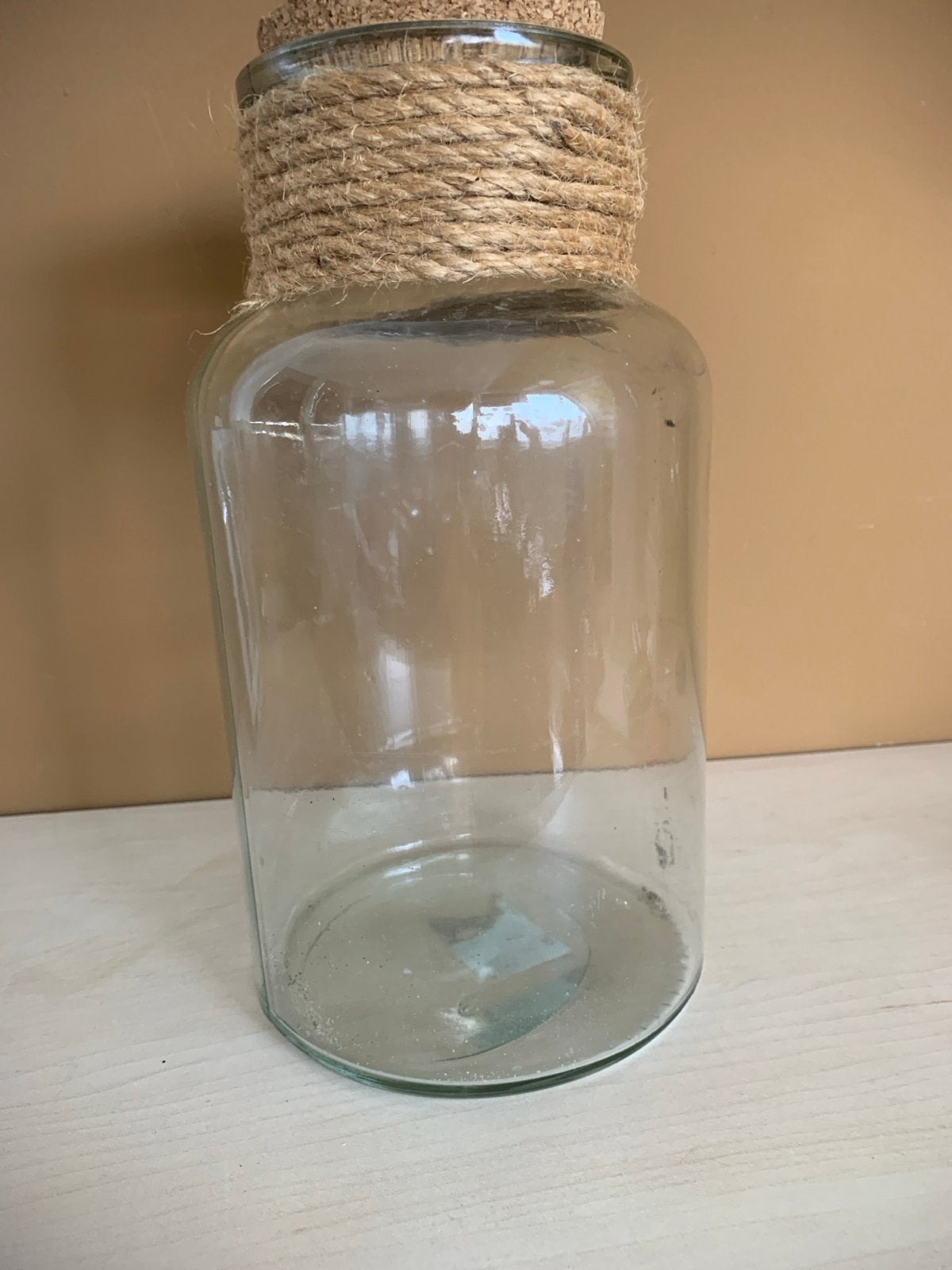 Glazen pot met kurk en touw decoratie, Huis en Inrichting, Ophalen, Gebruikt, Transparant, Met deksel