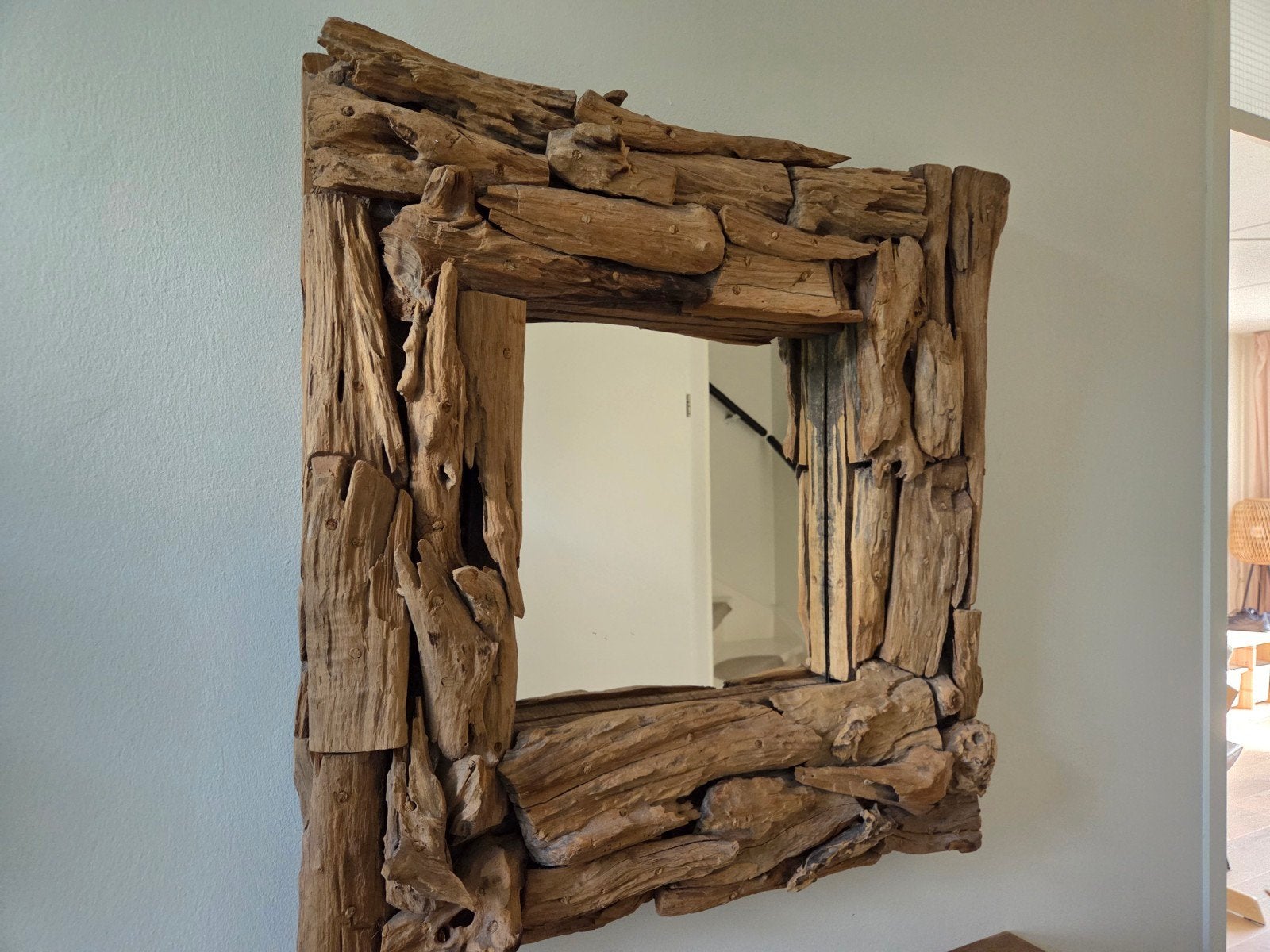 Prachtige zware spiegel van drijfhout, 80x80 cm, Ophalen