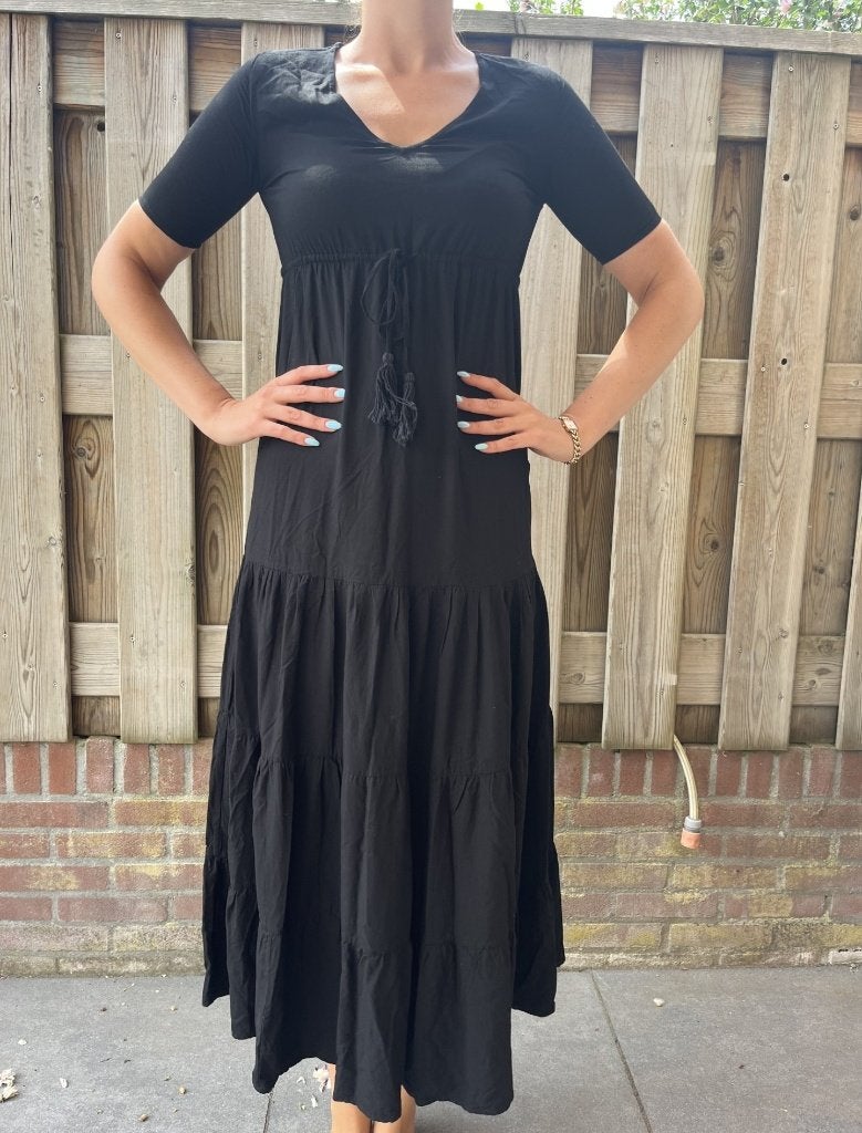 LaDress zwarte maxi jurk gypsy ruches maat XXS/XS 32-34 ZGAN, Kleding | Dames, Jurken, Zo goed als nieuw, Maat 34 (XS) of kleiner