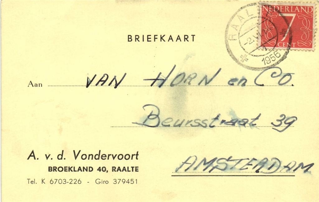 A. v.d. Vondervoort, Raalte - 06.1956 - briefkaart, Postzegels en Munten, Brieven en Enveloppen | Nederland, Ophalen of Verzenden