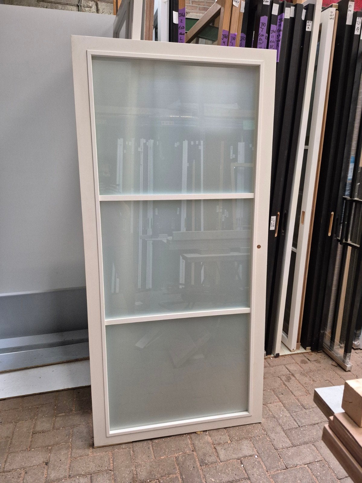 93x201,5cm opdek L binnendeur staallook wit mat glas SL54