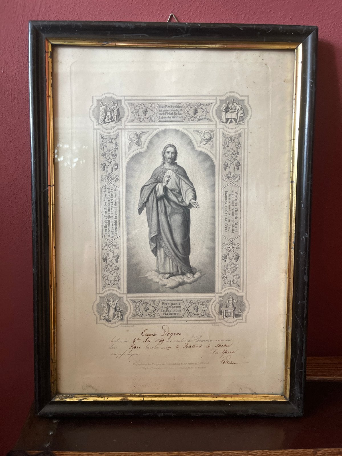 Herinneringsprent 1e communie, Antiek en Kunst, Ingelijst, 1800 - 1899, Religie, Ophalen of Verzenden