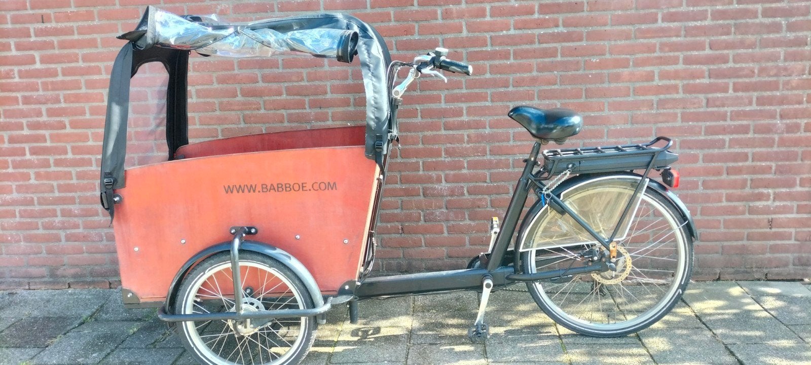 Babboe bakfiets met huif en elektrische ondersteuning, Gebruikt, 2 kinderen, Elektrisch, Trommelrem
