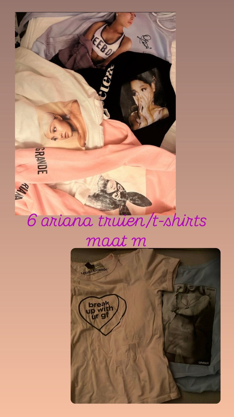 6 Ariana Grande truien/t-shirts maat M (handtekening ariana), Ophalen of Verzenden, Gedragen, Maat 38/40 (M)