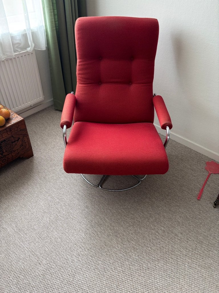 2 rode fauteuils met draaipoot, Huis en Inrichting, Fauteuils, Ophalen, Gebruikt, 75 tot 100 cm, Stof