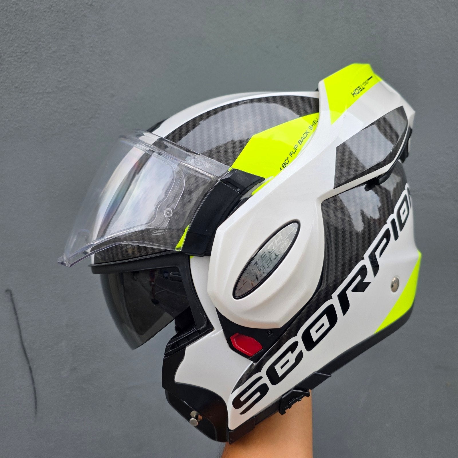 Scorpion EXO-TECH EVO Carbon Systeemhelm - Wit/Neon Geel, Motoren, Ophalen of Verzenden