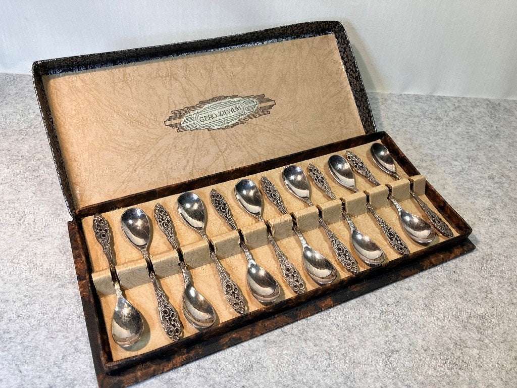 Gero Zilvium 90 – 12 theelepels cassette ca. 1952-1958, Antiek en Kunst, Verzenden