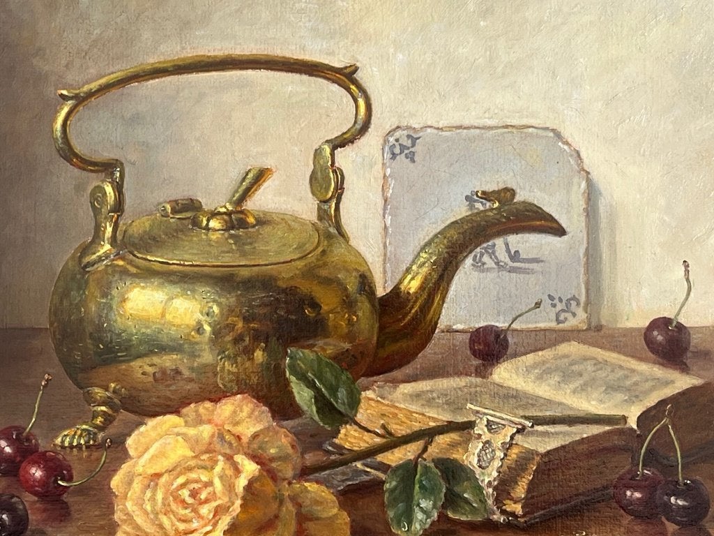 E. Moleveld, stilleven met koperen ketel, roos en kersen, Antiek en Kunst, Ophalen