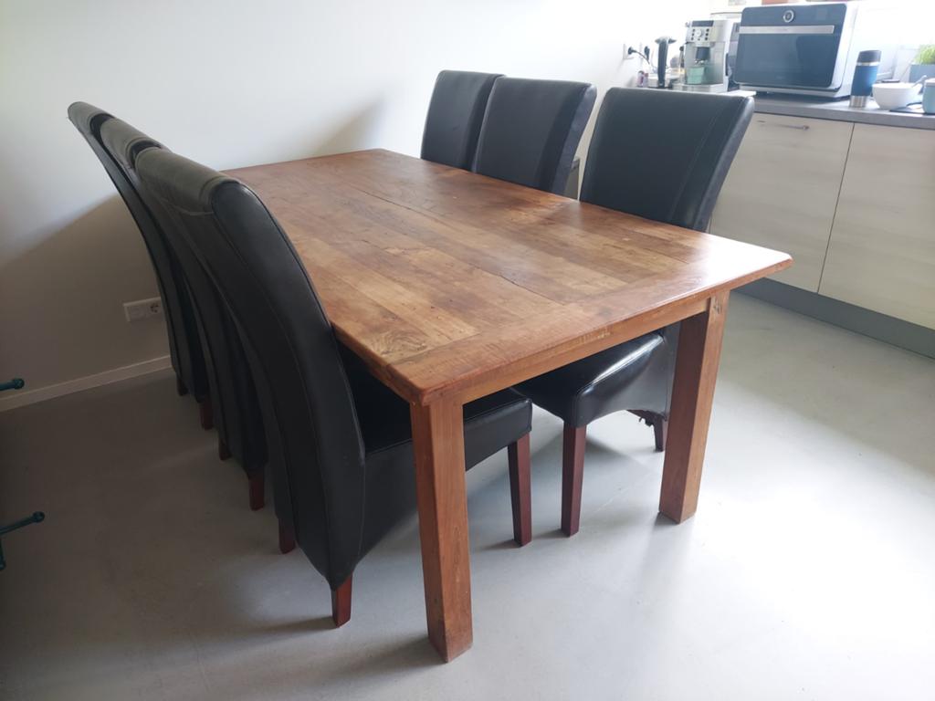 Eikenhouten eettafel (100x200 cm) met 6 leren stoelen, Gebruikt, Vijf personen of meer, Overige materialen, 150 tot 200 cm