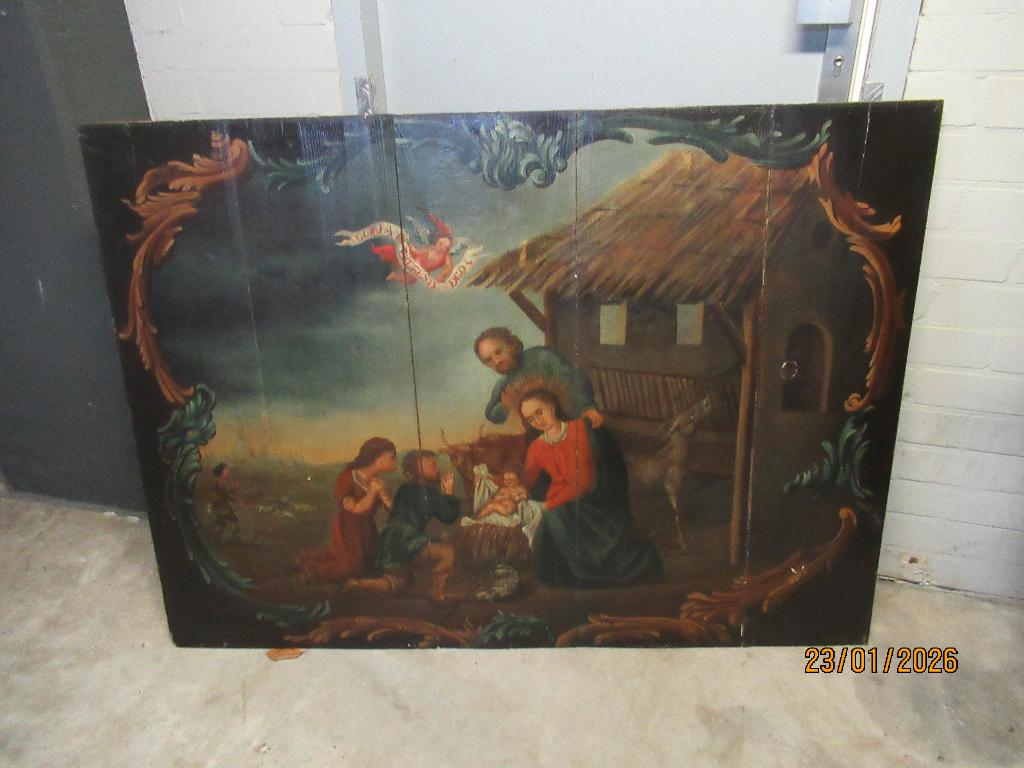 ANTIEK SCHILDERIJ HOUTEN PANEEL- GEBOORTE JEZUS -ZELDZAAM, Ophalen