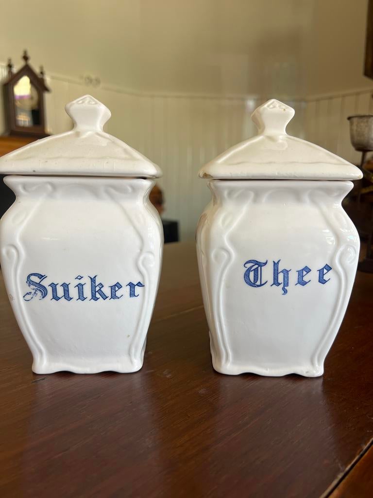 Vintage Suiker- en Theebusjes - Wit met Blauw Opschrift, Ophalen of Verzenden