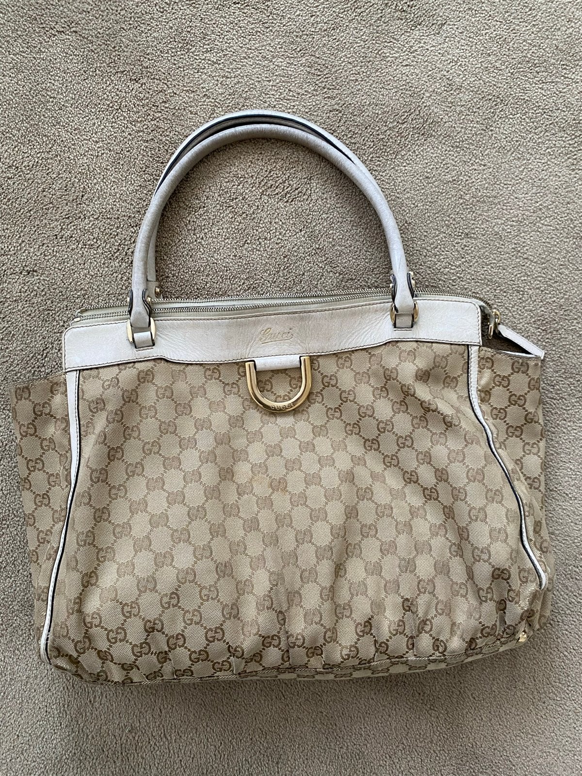 Gucci Abbey Schoudertas Beige GG Canvas Wit Leer, Ophalen of Verzenden, Gebruikt, Beige, Handtas