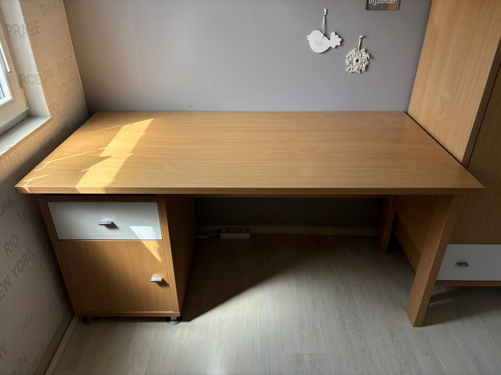 Houten bureau met lade en kastje - Gebruikt, Ophalen, Overige typen, Gebruikt, Bruin