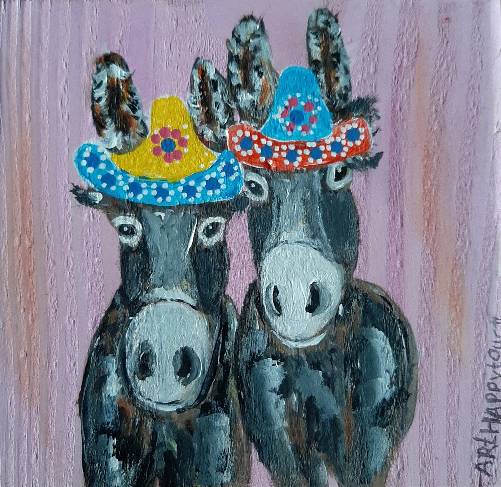 schilderijtje ezeltjes met hoedjes in vrolijk acryl op hout, Acrylverf, Hout, Ophalen of Verzenden, Dieren