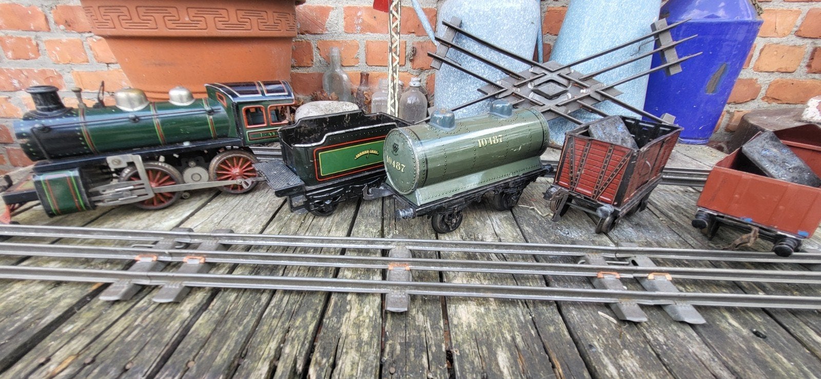 Zeer oude Blikken Trein met accessoires - Groot model, Antiek en Kunst, Antiek | Speelgoed, Ophalen of Verzenden