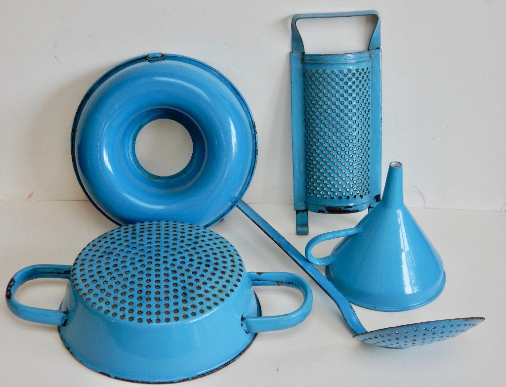 Vintage geëmailleerde keukenset - blauw, Antiek en Kunst, Ophalen of Verzenden