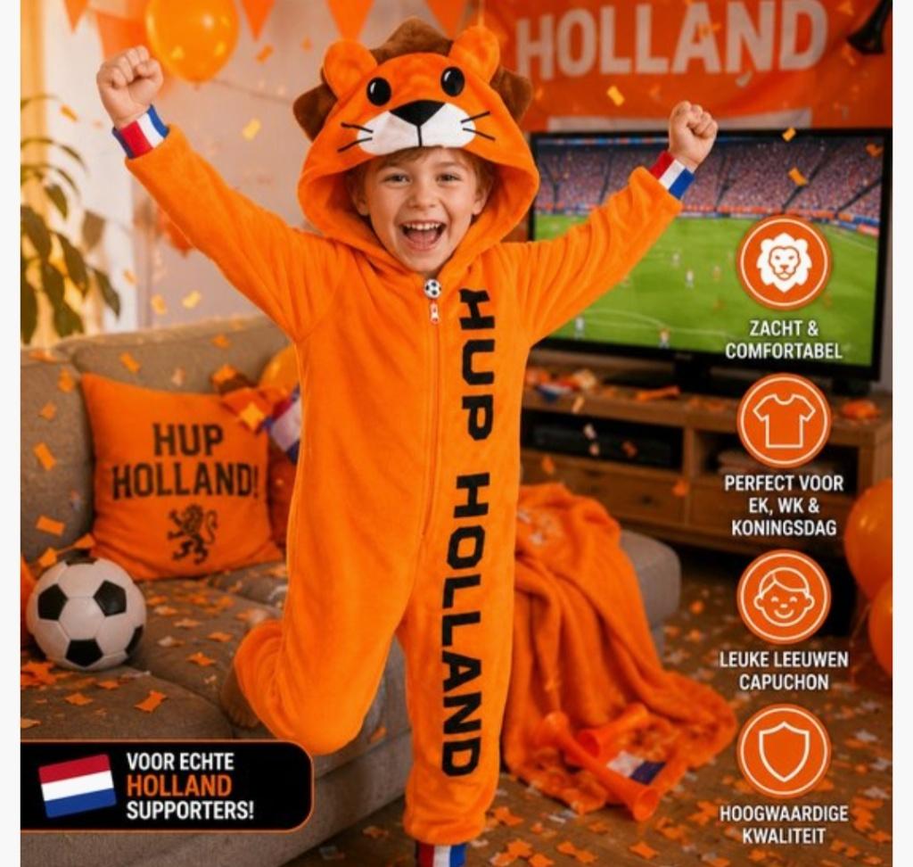 Onesie oranje leeuw Holland diverse kinder maten, Kinderen en Baby's, Kinderkleding | Maat 110, Overige typen, Jongen of Meisje