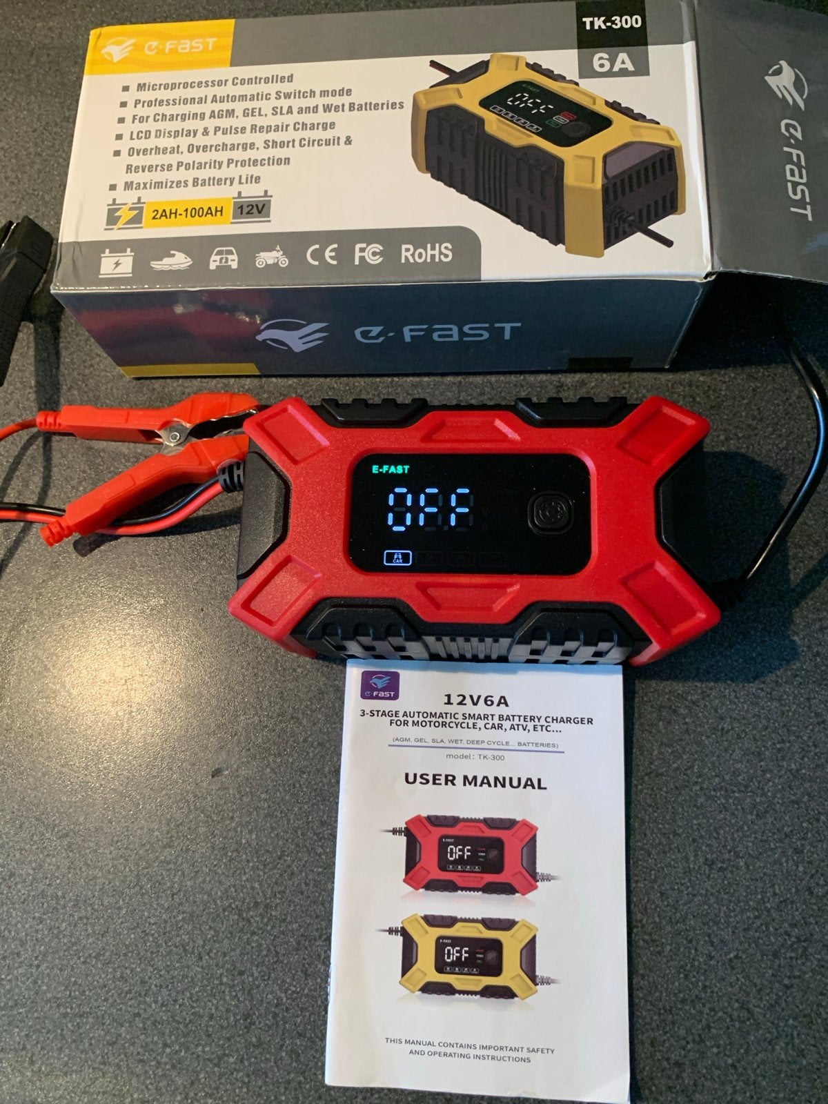 Nieuwe E-FAST 12V 6A Acculader voor Auto, Motor, ATV, Ophalen of Verzenden, Nieuw