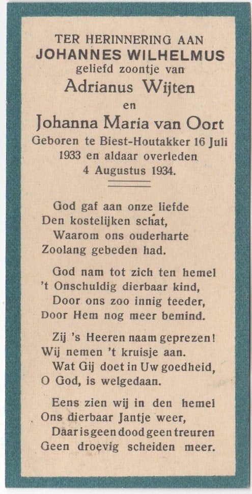 Johannes W. Wijten 1933 - 1934 Biest-Houtakker, 1 jaar oud, Verzenden