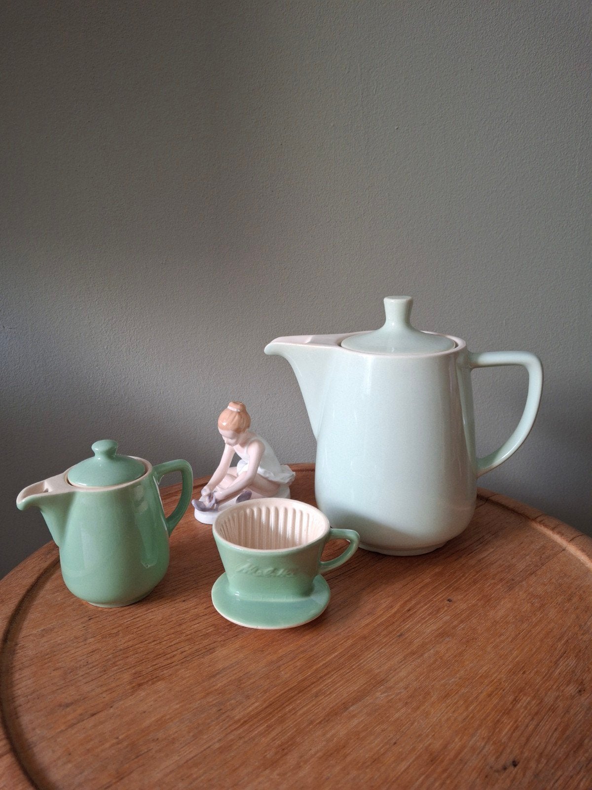 Prachtige groene pastel Melitta set: kan, kannetje & filter, Antiek en Kunst, Ophalen of Verzenden