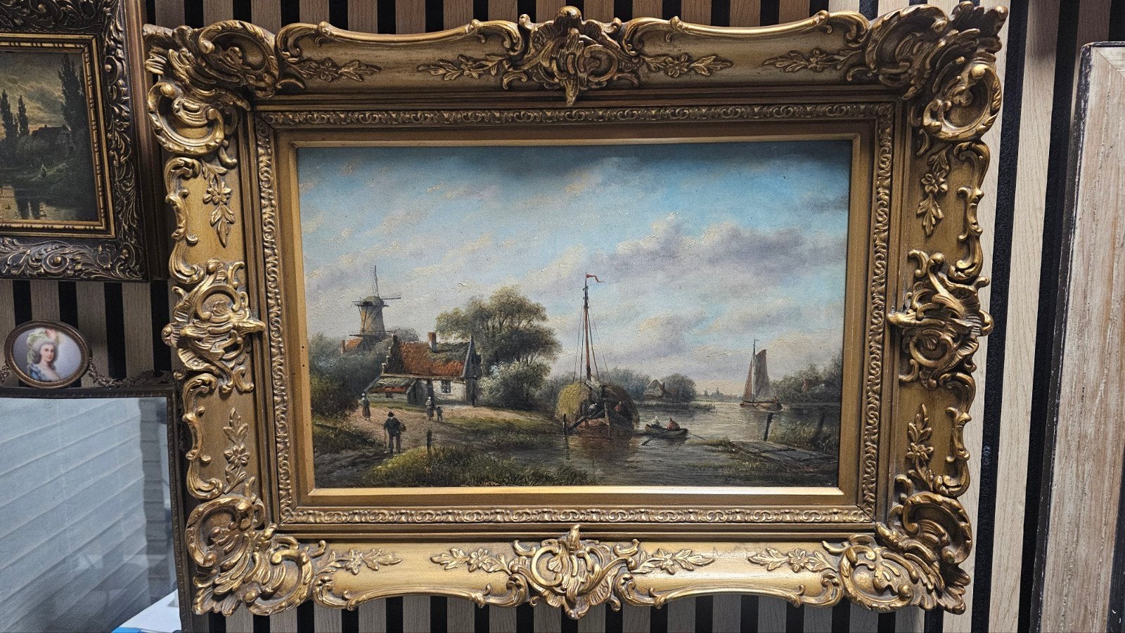 Charles Leickert - Hollands Landschap met Molen en Boten, Antiek en Kunst, Nederlandse school, Doek, Ophalen of Verzenden, Olieverf