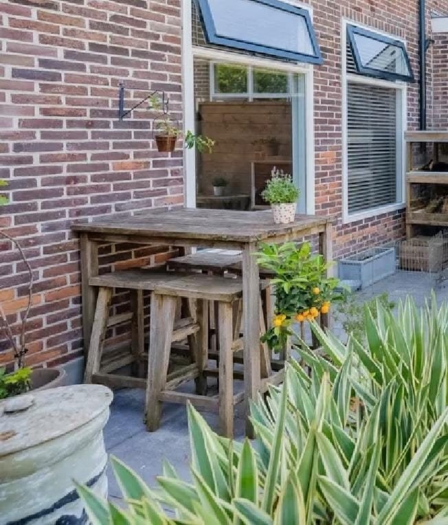 Teakhouten Bartafel met 4 Krukken - 5 jaar oud, Ophalen, Gebruikt, Rechthoekig, Teakhout