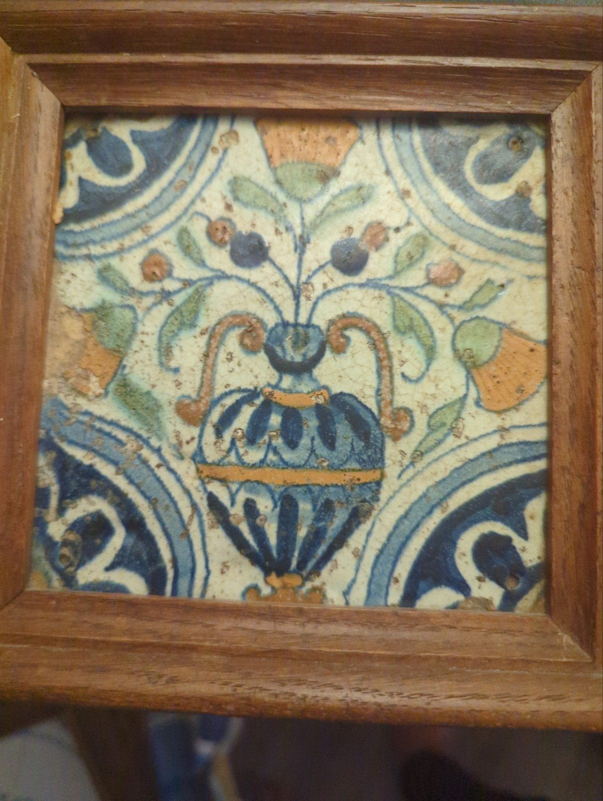 Antieke Delfts Blauw-stijl tegel in houten lijst, Antiek en Kunst, Ophalen