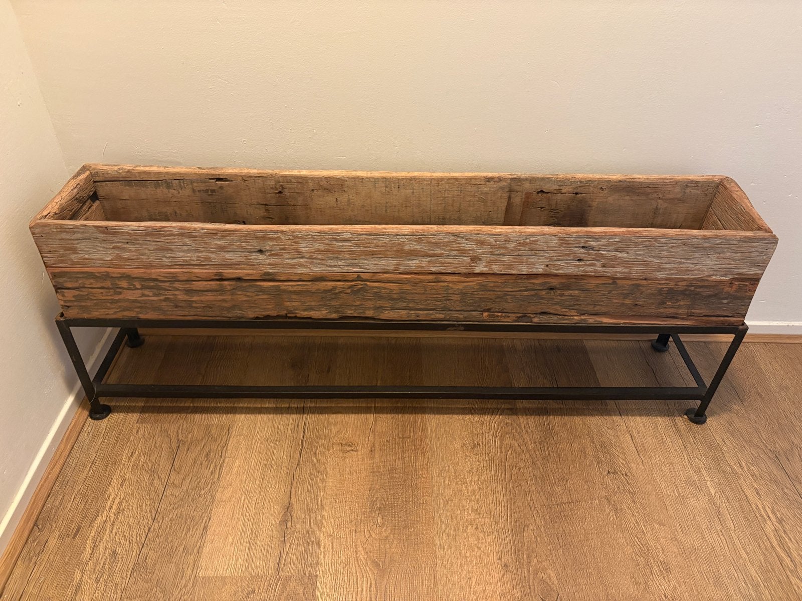 Lange houten plantenbak op metalen onderstel, Ophalen, Gebruikt, 100 cm of meer, Binnen