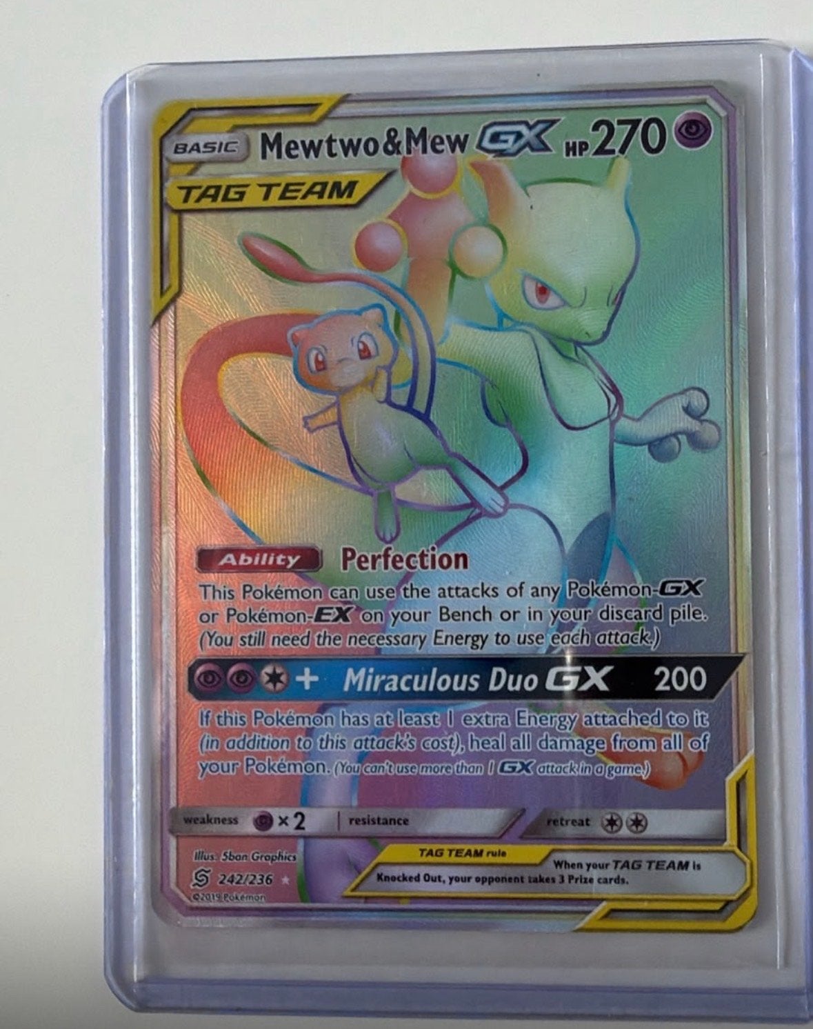 Mewtwo & Mew GX TAG TEAM Rainbow Rare Pokémon Kaart, Ophalen of Verzenden, Zo goed als nieuw, Losse kaart, Foil
