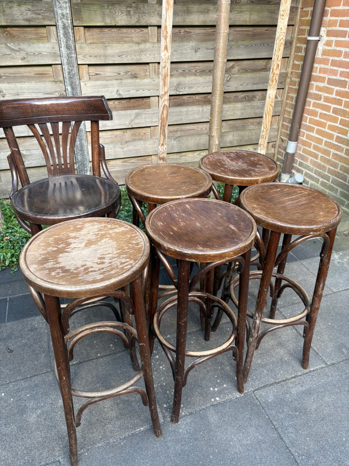 6 thonet barkrukken, Ophalen, Met voetsteun, 60 tot 90 cm, Hout