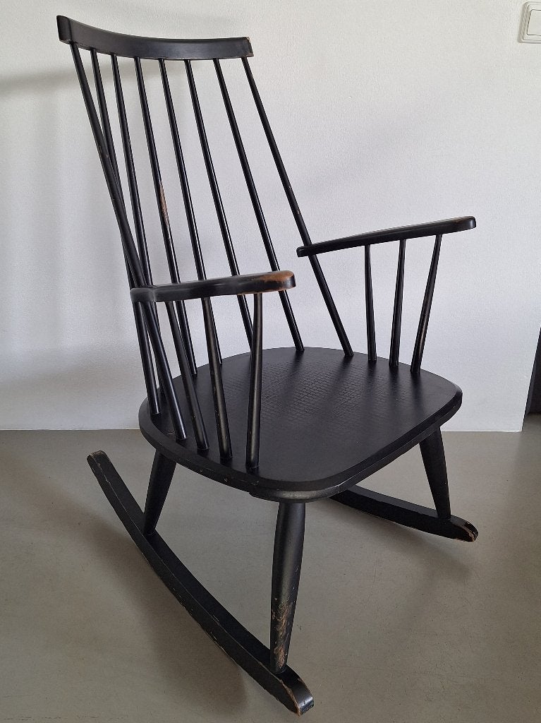 retro Deens design spijlenstoel zwarte schommel-stoel zwart, Huis en Inrichting, Stoelen, Ophalen, Zwart, Eén, Hout