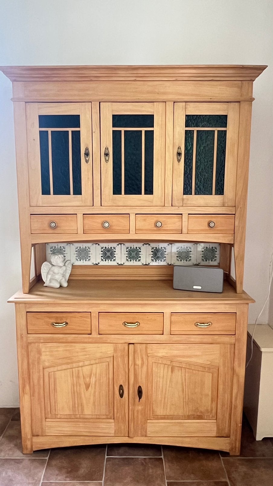 Buffetkast met groen/witte tegeltjes en groen glas, Ophalen, Gebruikt, 200 cm of meer, Glas