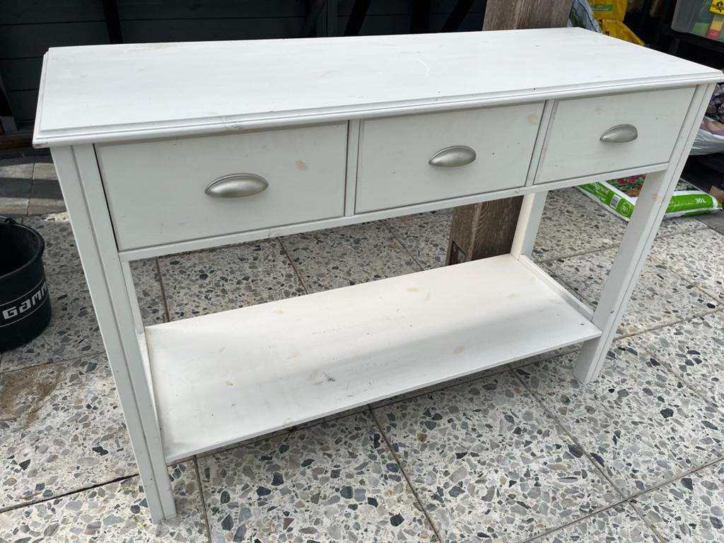 Witte sidetable / haltafel met 3 lades - 111x39x76 cm, Ophalen, 100 tot 150 cm, Zo goed als nieuw, 25 tot 50 cm