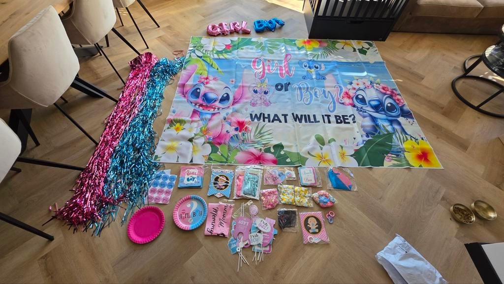 Gender reveal pakket versiering decoratie baby Disney Stitch, Hobby en Vrije tijd, Feestartikelen, Ophalen of Verzenden, Versiering