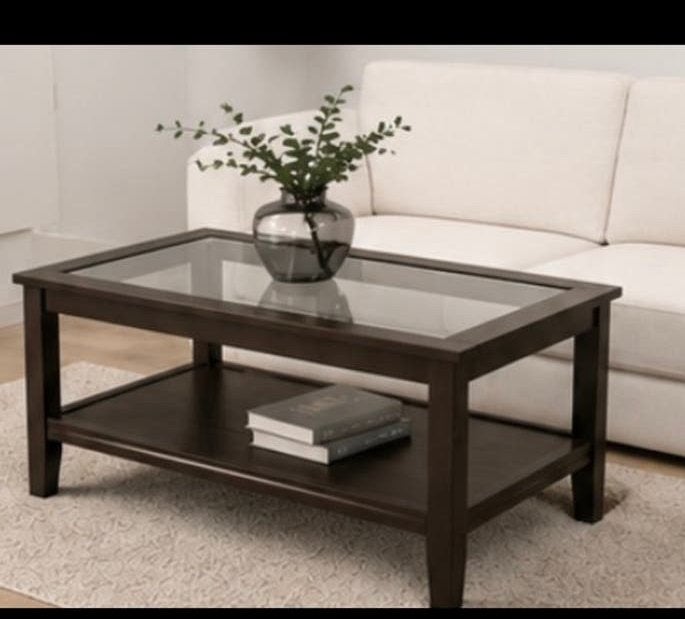 Donkerbruine salontafel met glazen blad en onderplank, Ophalen, Gebruikt, Rechthoekig, Glas