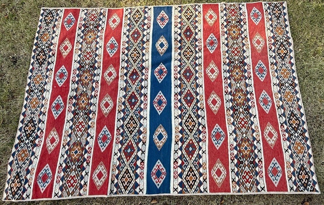 Vloerkleed, Kelim tapijt, wol, Handgemaakt in Kashmir, India, Gebruikt, 100 tot 150 cm, 200 cm of meer, Ophalen of Verzenden