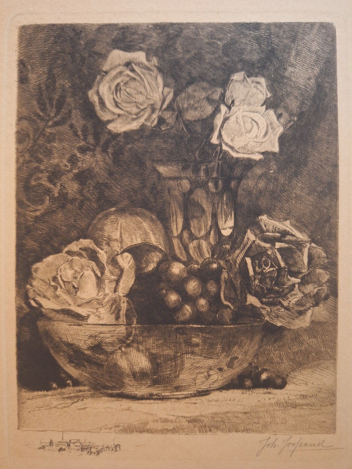 Ets Rozen door Johan Josseaud, Antiek en Kunst, Ets, Ophalen of Verzenden, 1900 - 1949, Flora en Fauna