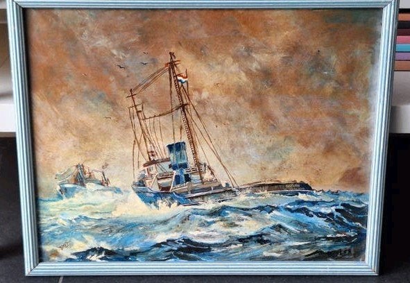 Maritiem schilderij: Schepen op woelige zee, Ophalen of Verzenden, Olieverf, Klassiek, Handgeschilderd