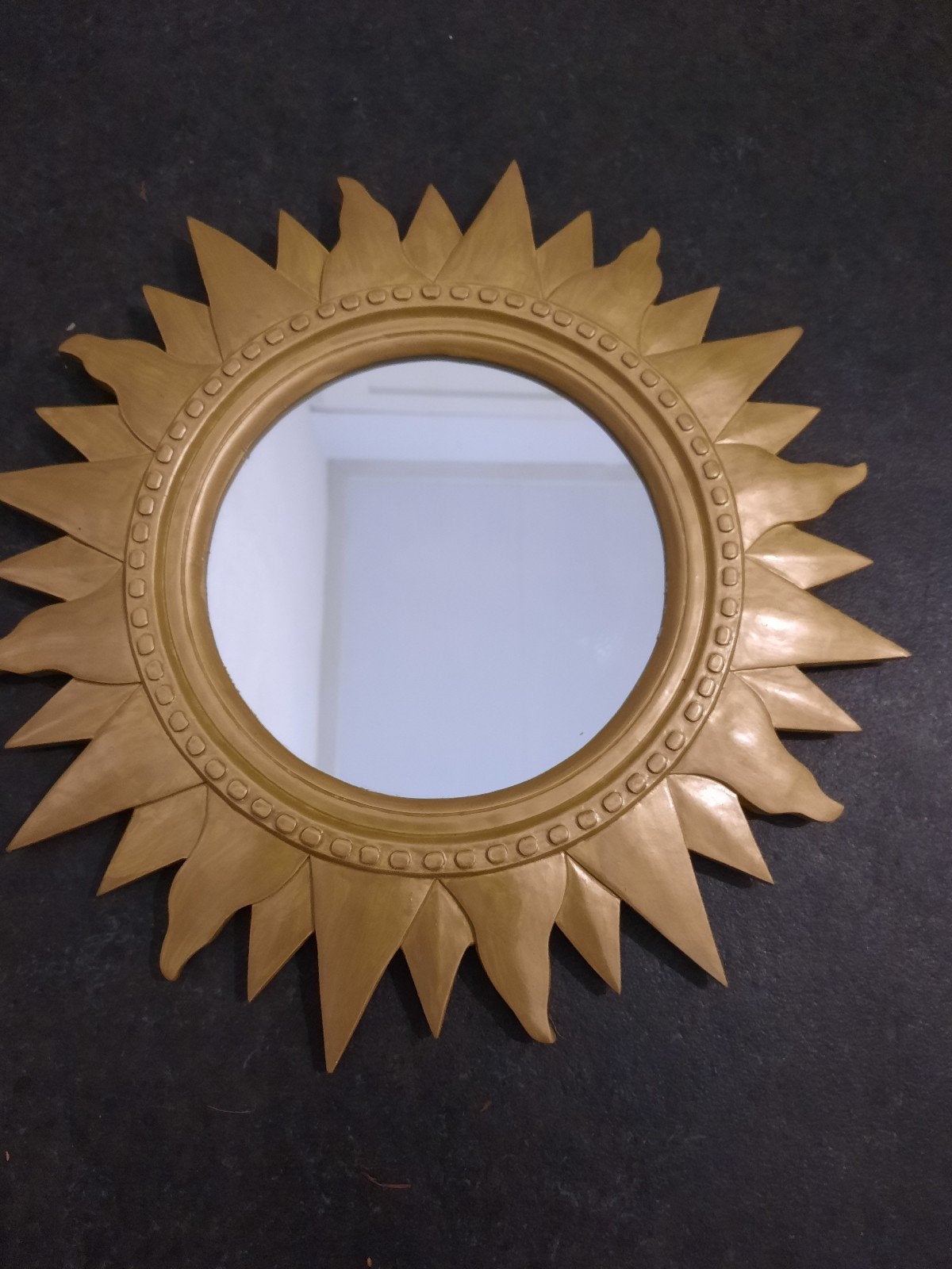 Zonnespiegel ronde spiegel spiegeltje goud brocante, Ophalen, Minder dan 50 cm, Gebruikt, Rond