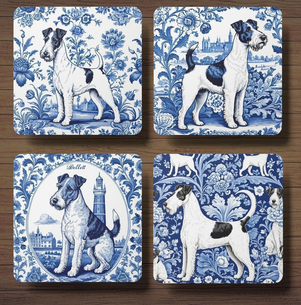 Fox Terriër Delfts Blauw onderzetters met houder, Ophalen of Verzenden, Nieuw