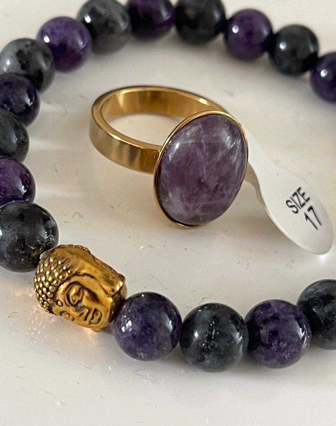 Setje echte Amethisten edelsteen zowel Armband als ring mt17, Ophalen of Verzenden, Nieuw