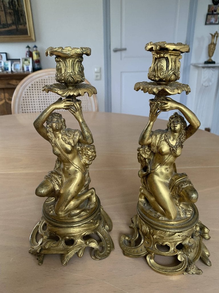 Vuur vergulde bronzen kandelaars 19e eeuw, Antiek en Kunst, Ophalen of Verzenden, Europa, Brons, Beeld