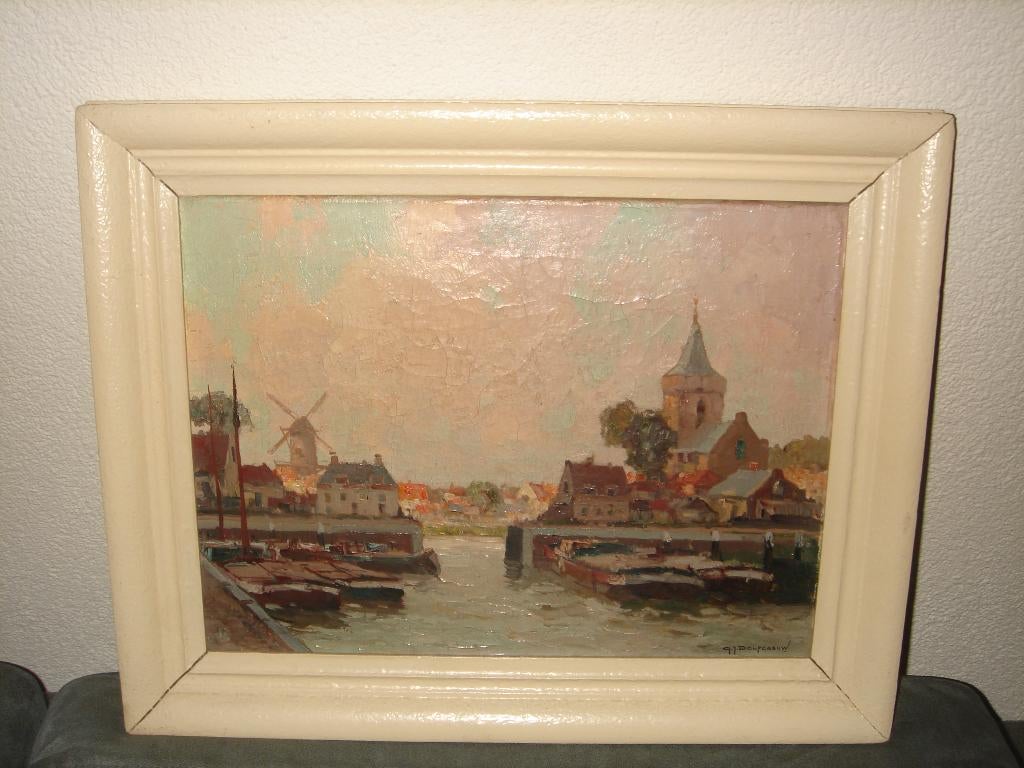 G. J. Delfgaauw, (1882 - 1947), Haven - Stads gezicht., Antiek en Kunst, Kunst | Schilderijen | Klassiek, Ophalen of Verzenden