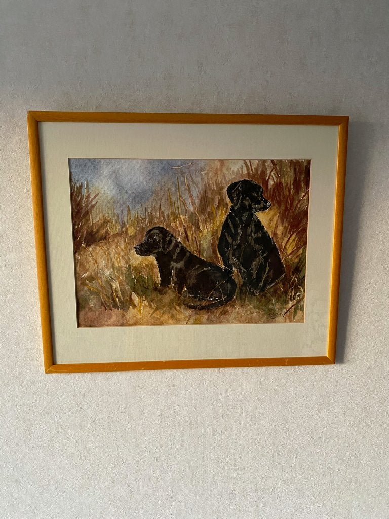 Aquarel van Twee Zwarte Labradors in Hoog Gras Passe-Partout, Antiek en Kunst, Kunst | Schilderijen | Klassiek, Realistisch, Overige ondergronden