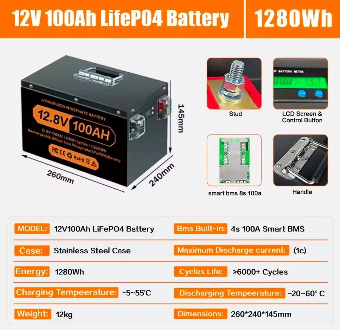 12V 100Ah LiFePO4 Accu met BMS, 1280Wh, Ophalen of Verzenden, Nieuw
