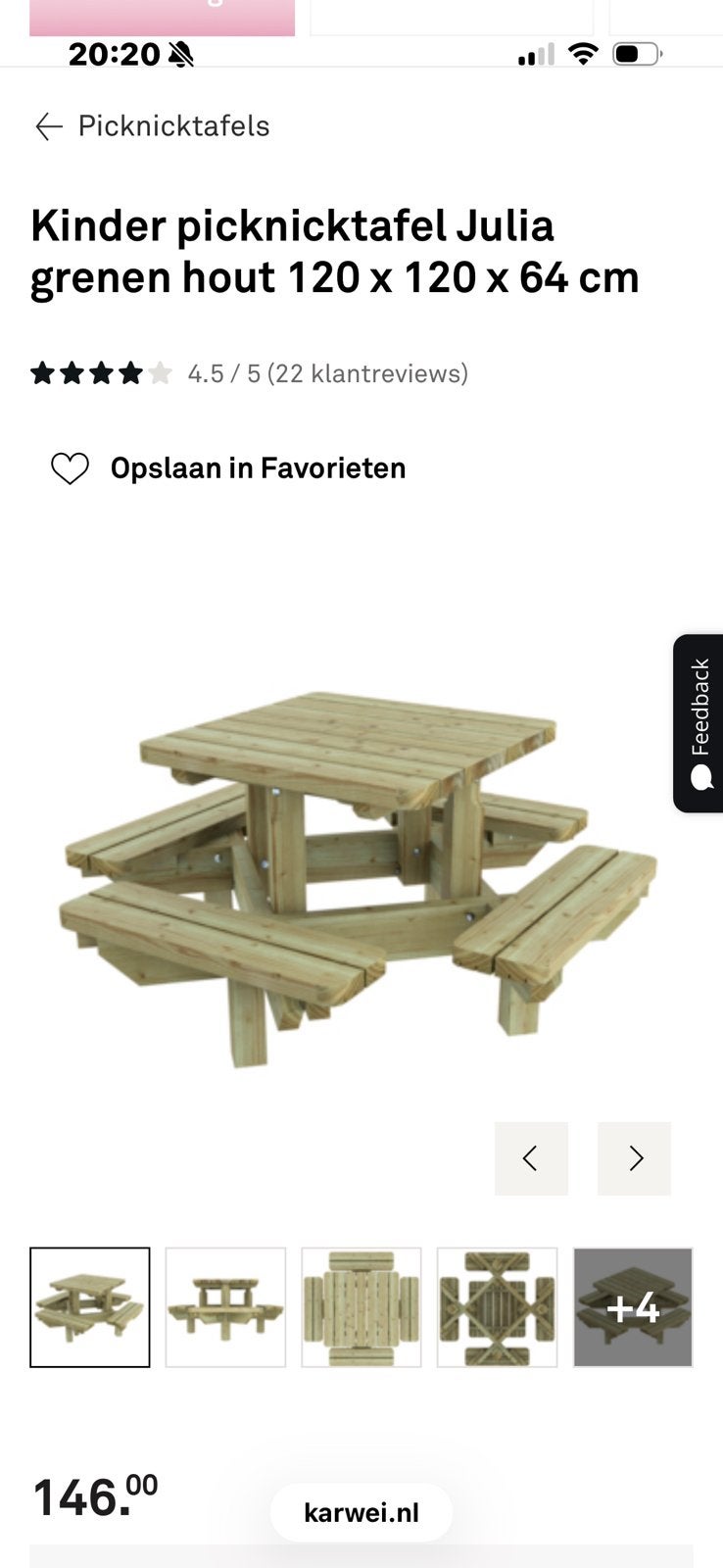 Picknick tafel Karwei, Ophalen, Zo goed als nieuw, Rechthoekig, Hout