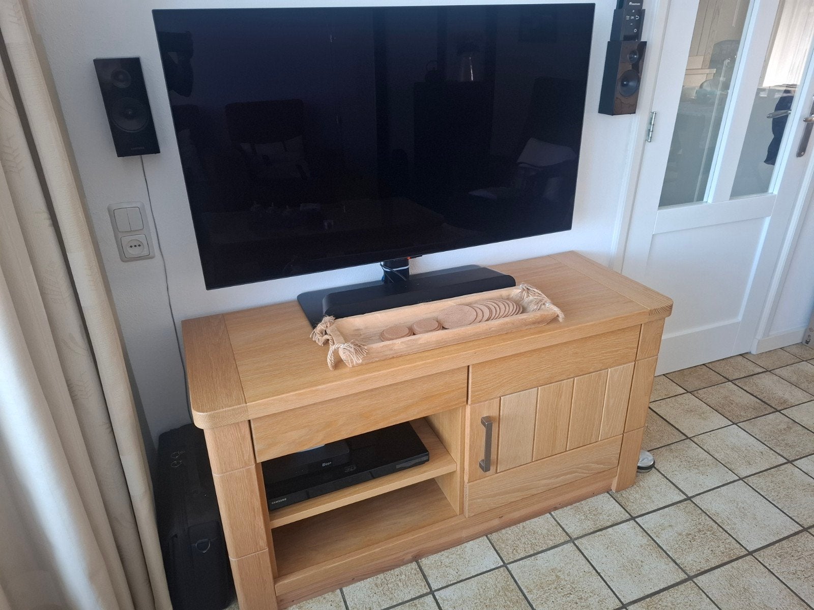 Licht eiken TV meubel met lade en kastje, Huis en Inrichting, Ophalen, 100 tot 150 cm, Eikenhout, Zo goed als nieuw