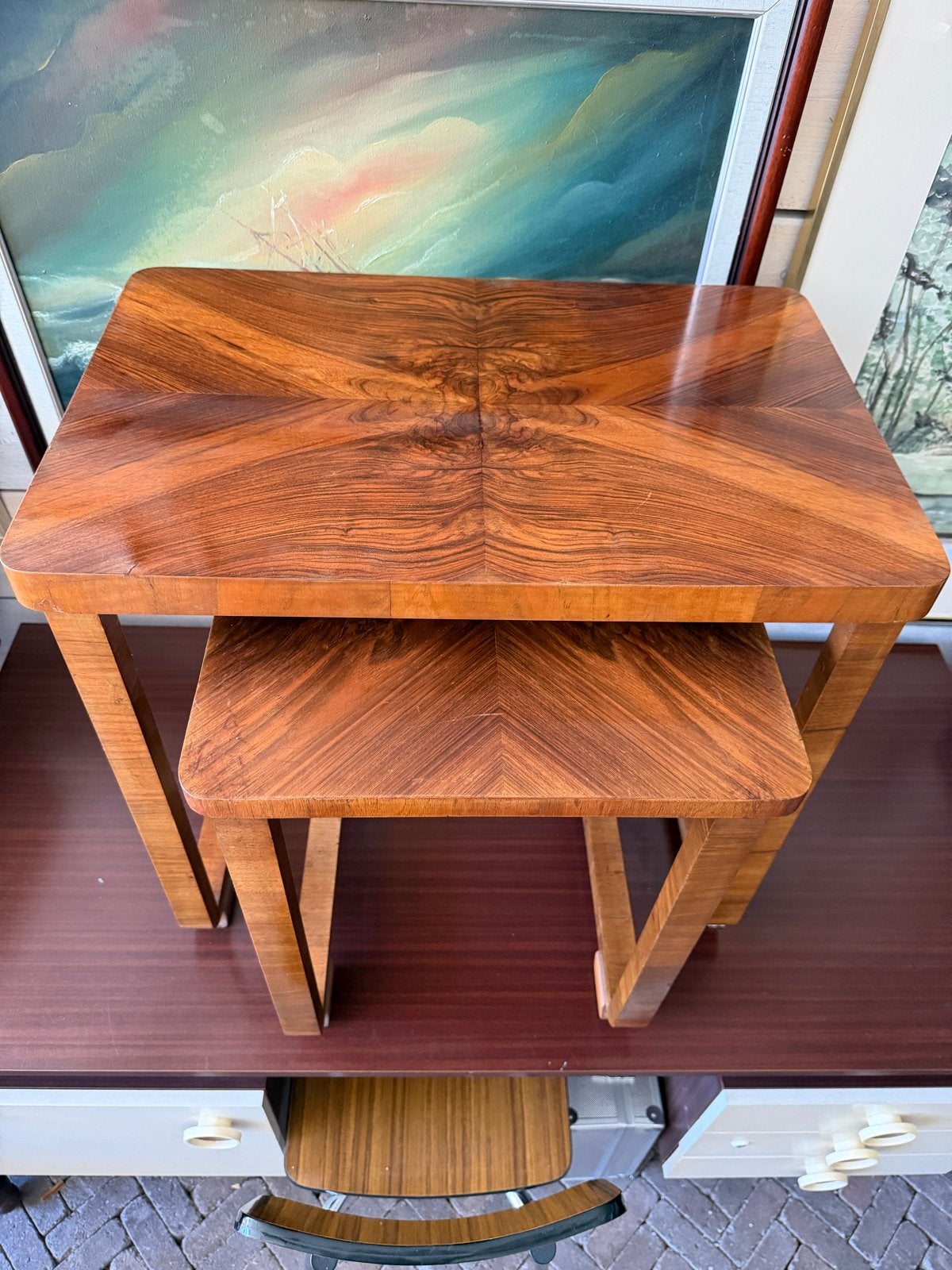 Set van 2 Art Deco Bijzettafels - Wortelnoten Hout, Ophalen of Verzenden