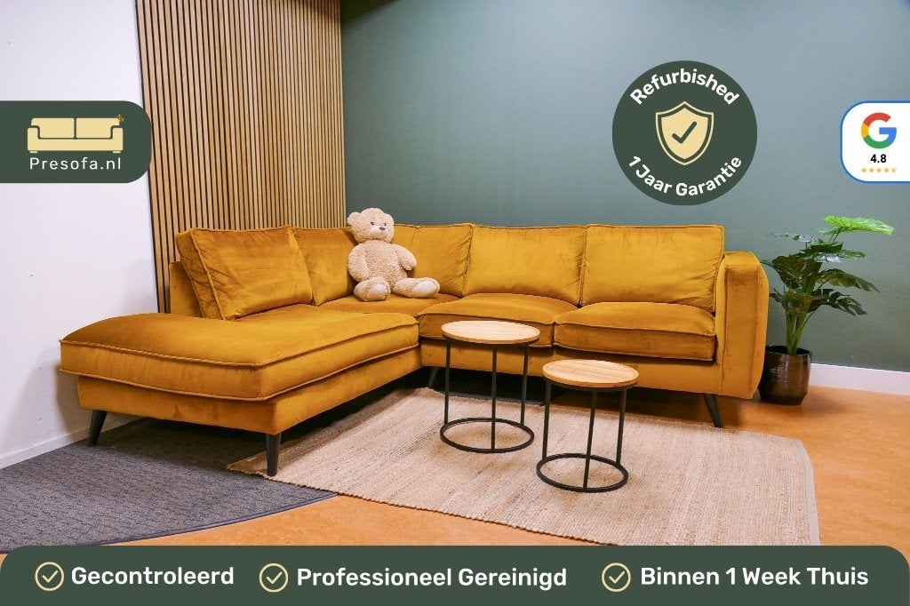 Hoekbank Goossens Velvet Okergeel [Refurbished], 250 tot 300 cm, -, -, Hoekbank